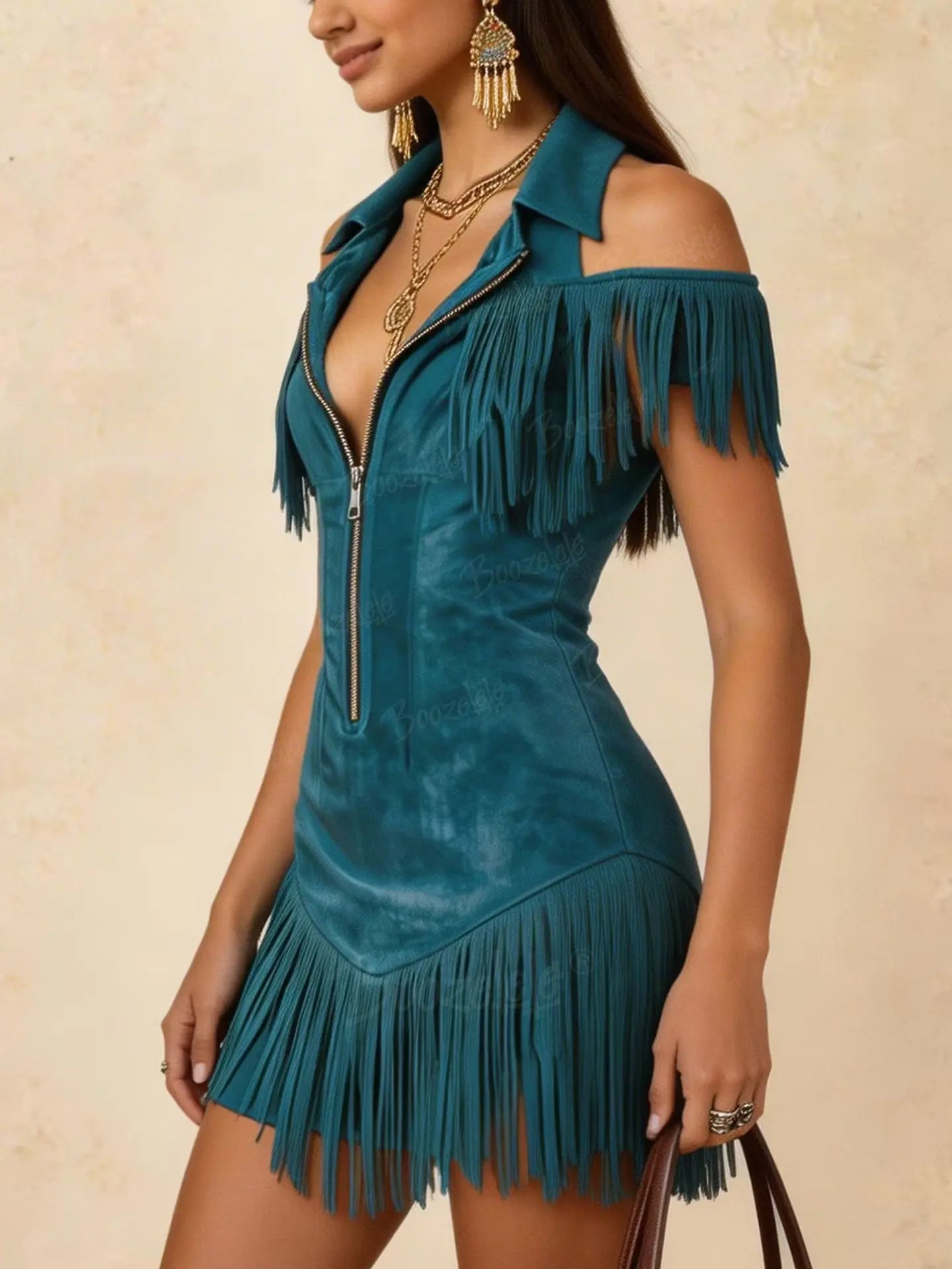 Women'S Western-Style Lapel Zipper Tassel Slim-Fit Casual Mini Dress