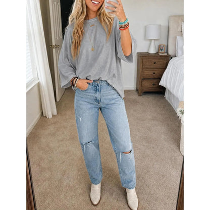 Flowyair Womens Oversized T-Shirt Casual 3/4 Sleeve Summer Boxy Tops Loose Fit Crew Neck Basic Shirts