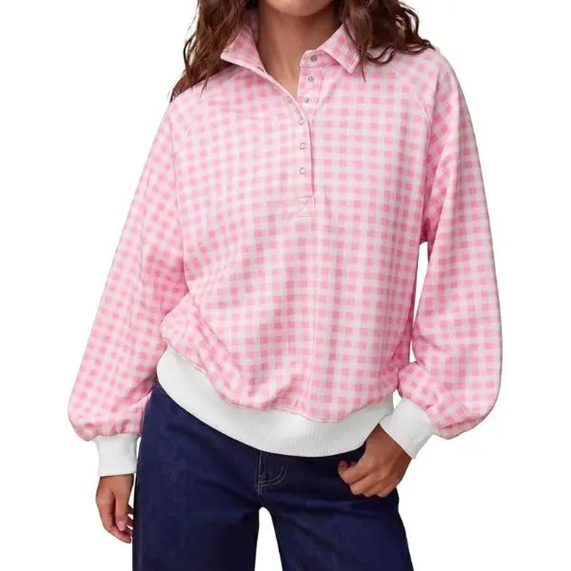 FISOEW Women'S Preppy Style Gingham Sweatshirt, Oversized Long Sleeve Fleece Pullover with Quarter-Zip Stand Collar and Ribbed Hem