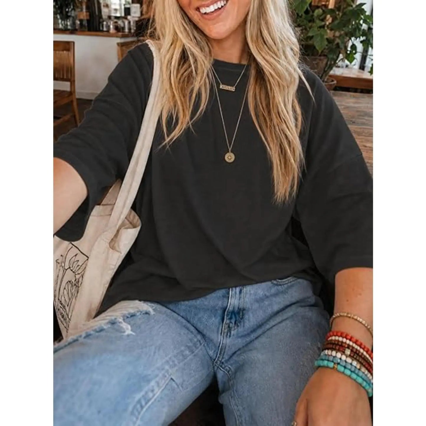 Flowyair Womens Oversized T-Shirt Casual 3/4 Sleeve Summer Boxy Tops Loose Fit Crew Neck Basic Shirts