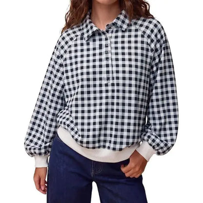 FISOEW Women'S Preppy Style Gingham Sweatshirt, Oversized Long Sleeve Fleece Pullover with Quarter-Zip Stand Collar and Ribbed Hem