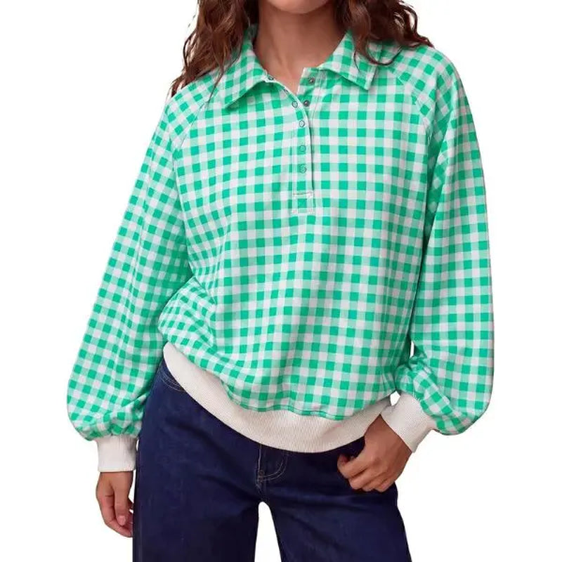 FISOEW Women'S Preppy Style Gingham Sweatshirt, Oversized Long Sleeve Fleece Pullover with Quarter-Zip Stand Collar and Ribbed Hem