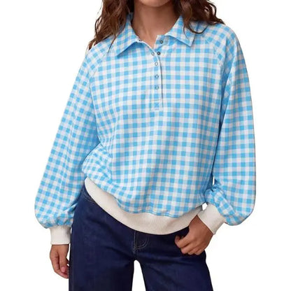 FISOEW Women'S Preppy Style Gingham Sweatshirt, Oversized Long Sleeve Fleece Pullover with Quarter-Zip Stand Collar and Ribbed Hem
