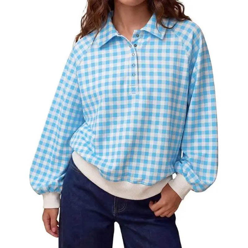 FISOEW Women'S Preppy Style Gingham Sweatshirt, Oversized Long Sleeve Fleece Pullover with Quarter-Zip Stand Collar and Ribbed Hem
