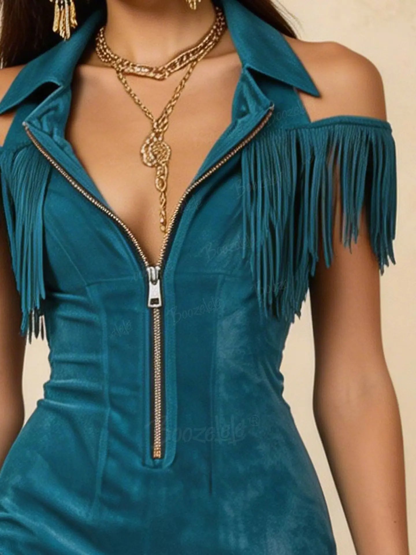 Women'S Western-Style Lapel Zipper Tassel Slim-Fit Casual Mini Dress