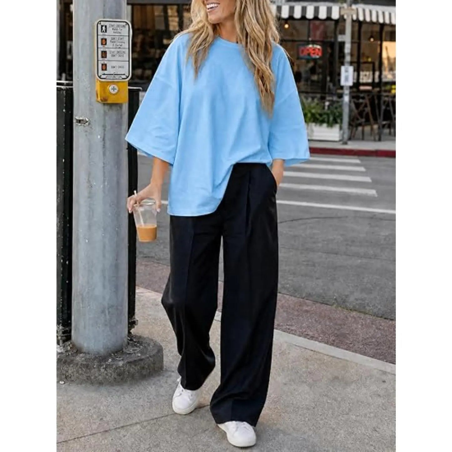 Flowyair Womens Oversized T-Shirt Casual 3/4 Sleeve Summer Boxy Tops Loose Fit Crew Neck Basic Shirts