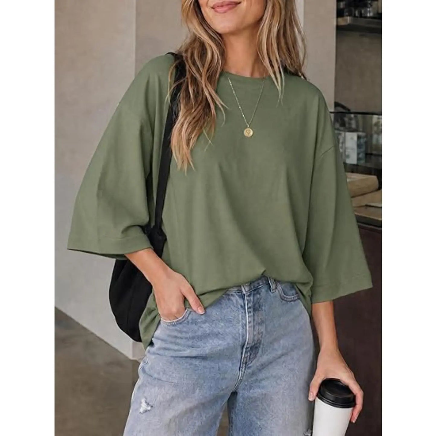 Flowyair Womens Oversized T-Shirt Casual 3/4 Sleeve Summer Boxy Tops Loose Fit Crew Neck Basic Shirts