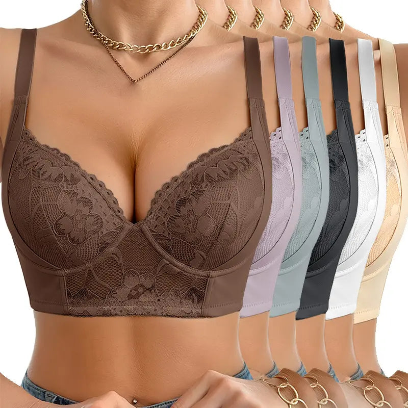 6-Bra Set Adjustable Anti-Sagging Push-Up Bra Withunderwire - Full Coverage Lift & High Traction Steel Wirecomfort Set for Women | Elegant Lace Trim Non-Detachable Cups for Daily Wear & Special Occasions