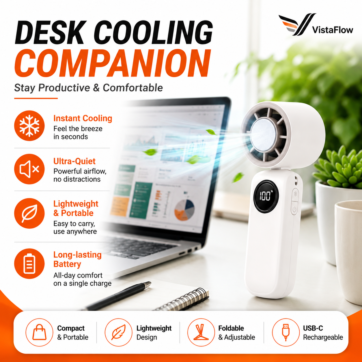 VistaFlow™ Precision Personal Cooling Fan – Adjustable Foldable Design