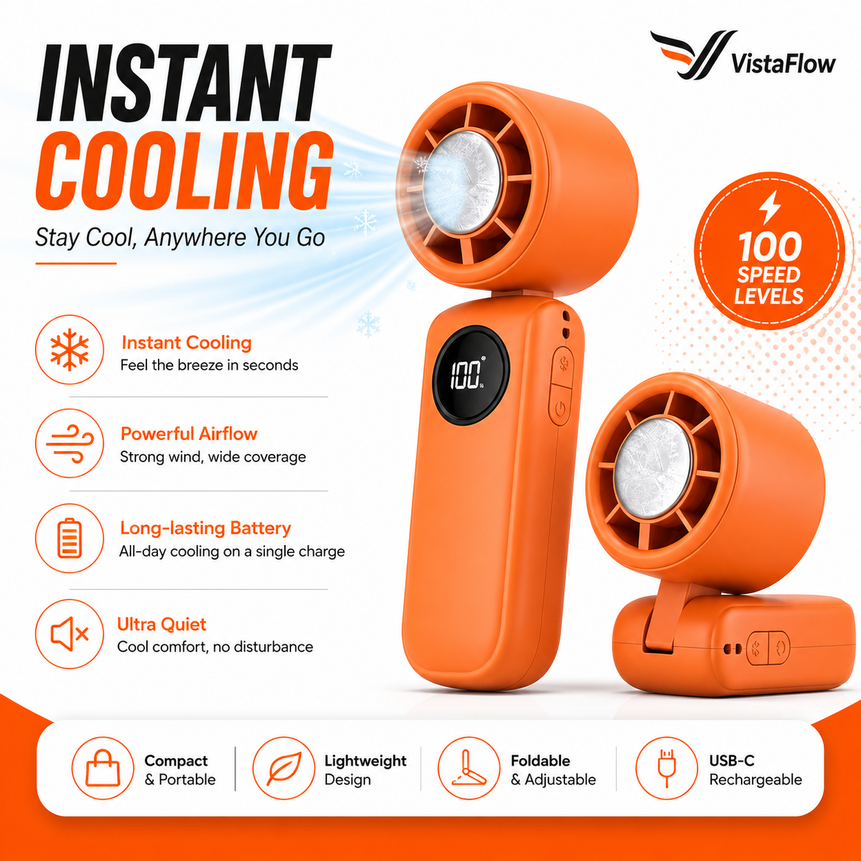 VistaFlow™ Precision Personal Cooling Fan – Adjustable Foldable Design