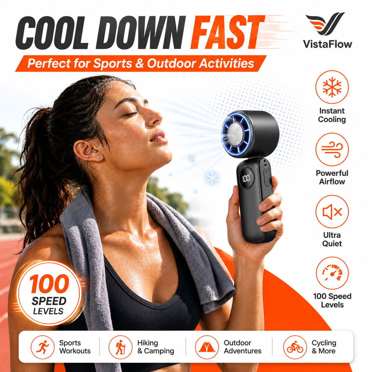 VistaFlow™ Precision Personal Cooling Fan – Adjustable Foldable Design