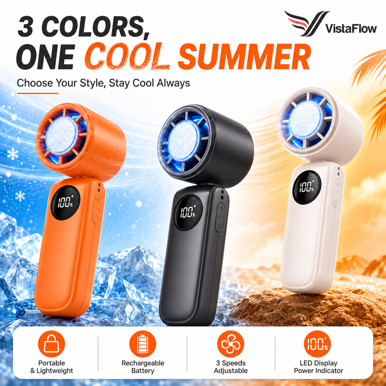 VistaFlow™ Precision Personal Cooling Fan – Adjustable Foldable Design