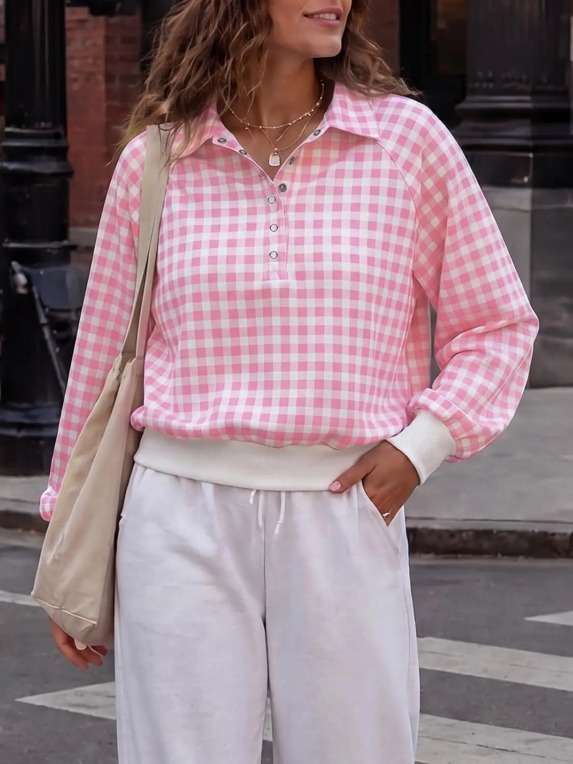 FISOEW Women'S Preppy Style Gingham Sweatshirt, Oversized Long Sleeve Fleece Pullover with Quarter-Zip Stand Collar and Ribbed Hem