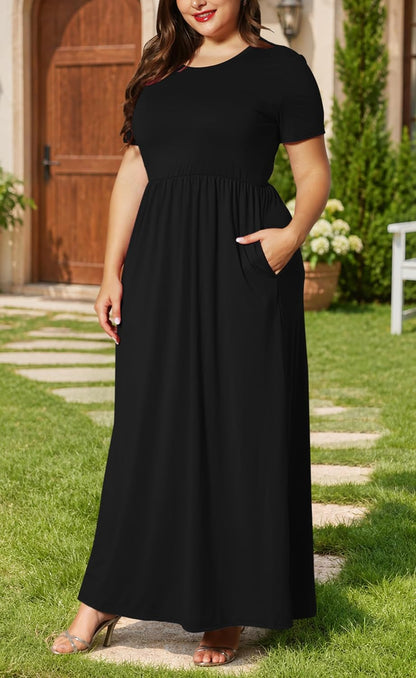Women plus Size Maxi Dress Short Sleeve round Neck Loose Fit A-Line | plus Size Long Dress,Summer Casual Maxi Dresses,Short Sleeve,Side Pockets,Round Neck,Elastic Waist,14 plus – 26 Plus