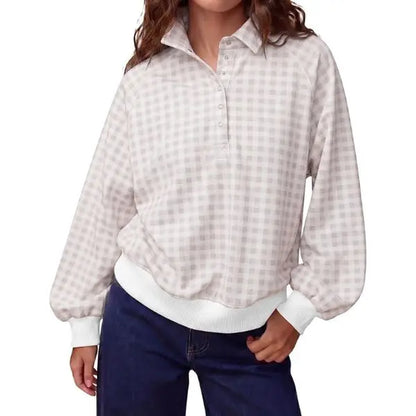 FISOEW Women'S Preppy Style Gingham Sweatshirt, Oversized Long Sleeve Fleece Pullover with Quarter-Zip Stand Collar and Ribbed Hem