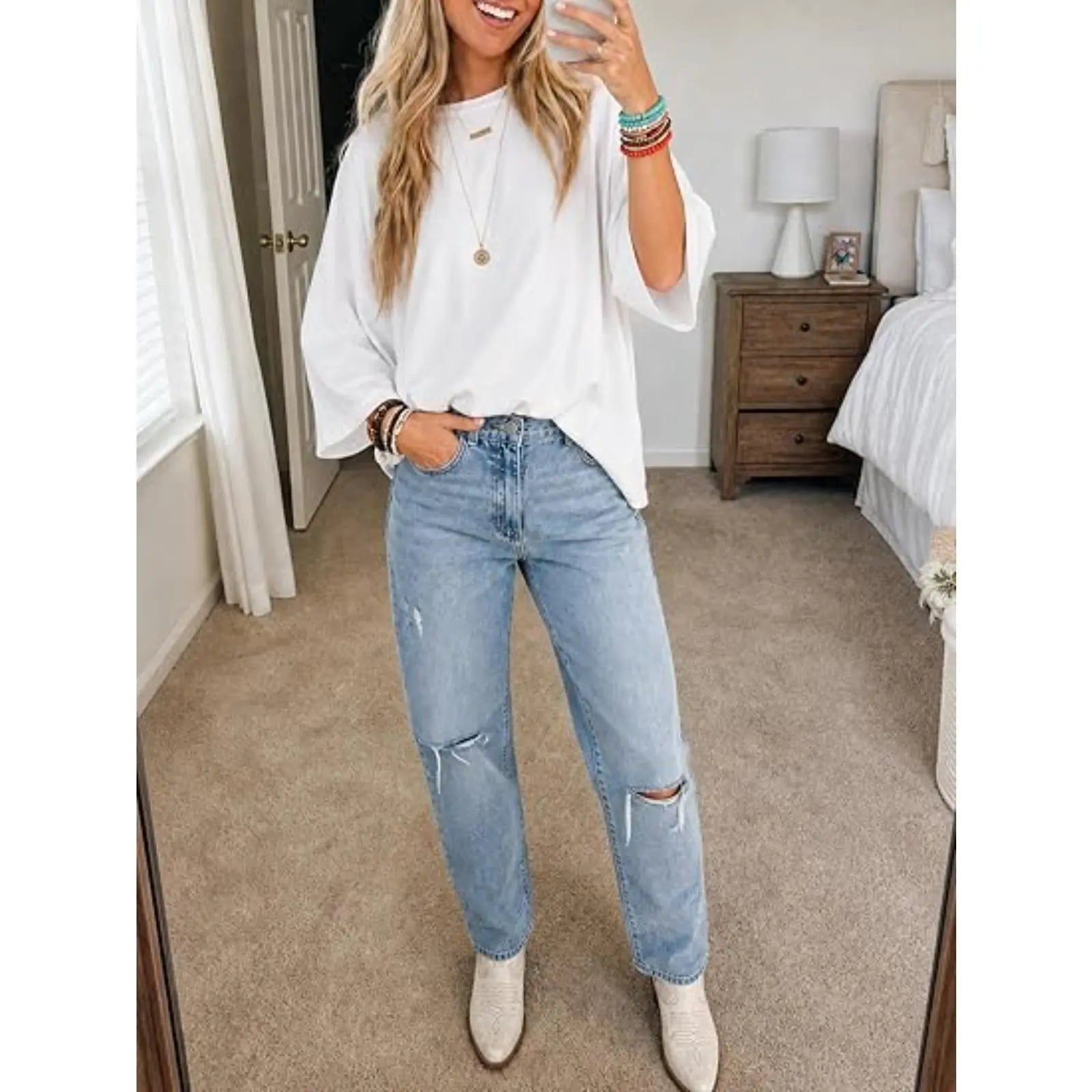 Flowyair Womens Oversized T-Shirt Casual 3/4 Sleeve Summer Boxy Tops Loose Fit Crew Neck Basic Shirts