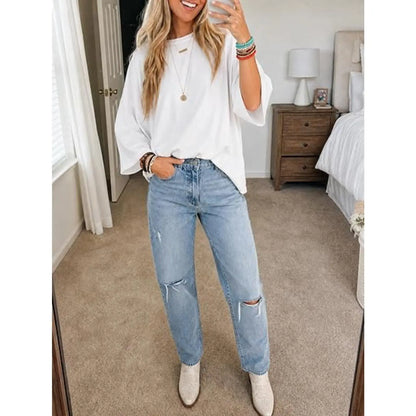 Flowyair Womens Oversized T-Shirt Casual 3/4 Sleeve Summer Boxy Tops Loose Fit Crew Neck Basic Shirts