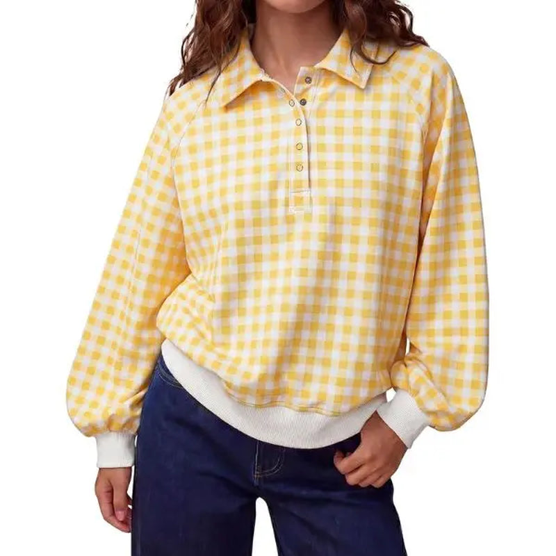 FISOEW Women'S Preppy Style Gingham Sweatshirt, Oversized Long Sleeve Fleece Pullover with Quarter-Zip Stand Collar and Ribbed Hem