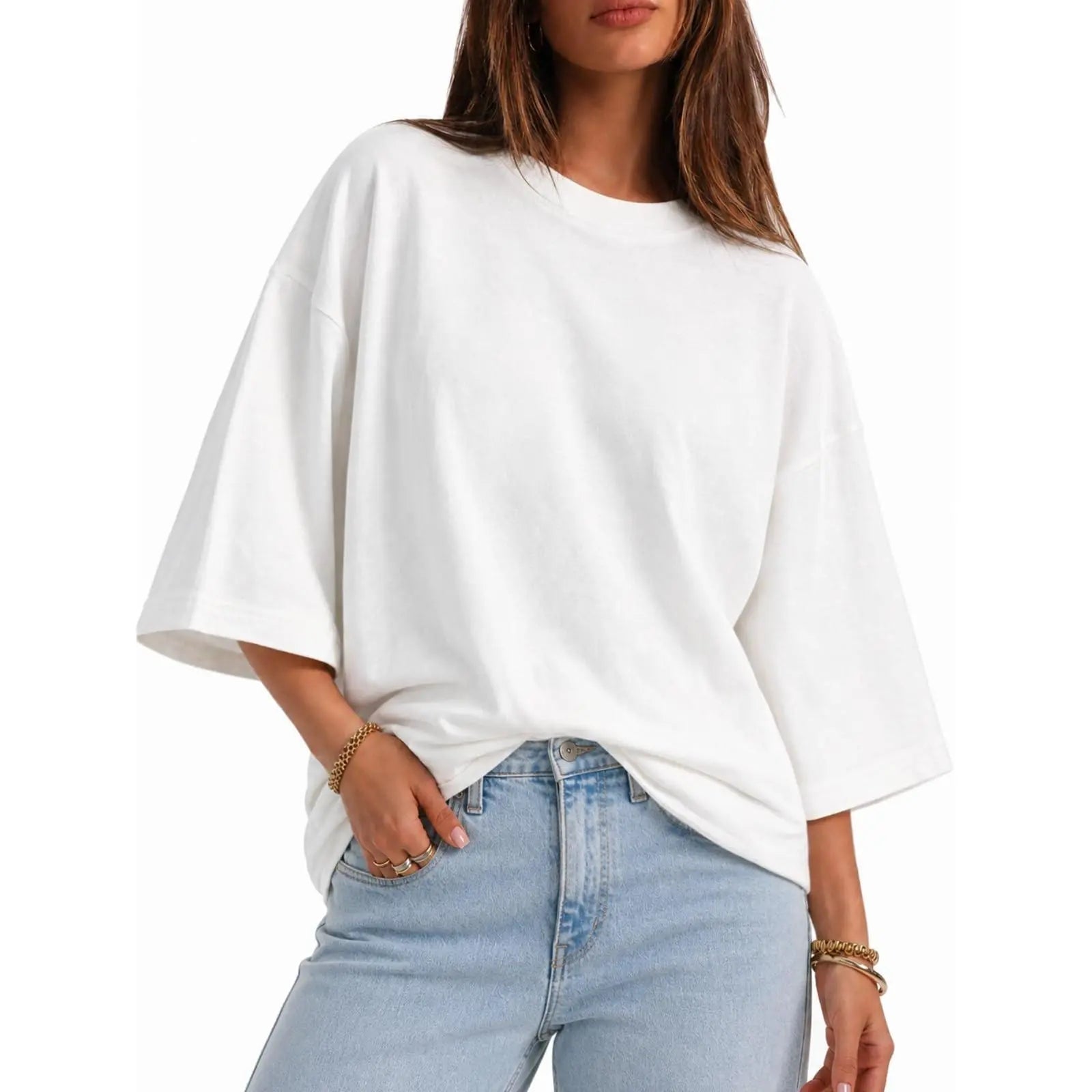Flowyair Womens Oversized T-Shirt Casual 3/4 Sleeve Summer Boxy Tops Loose Fit Crew Neck Basic Shirts